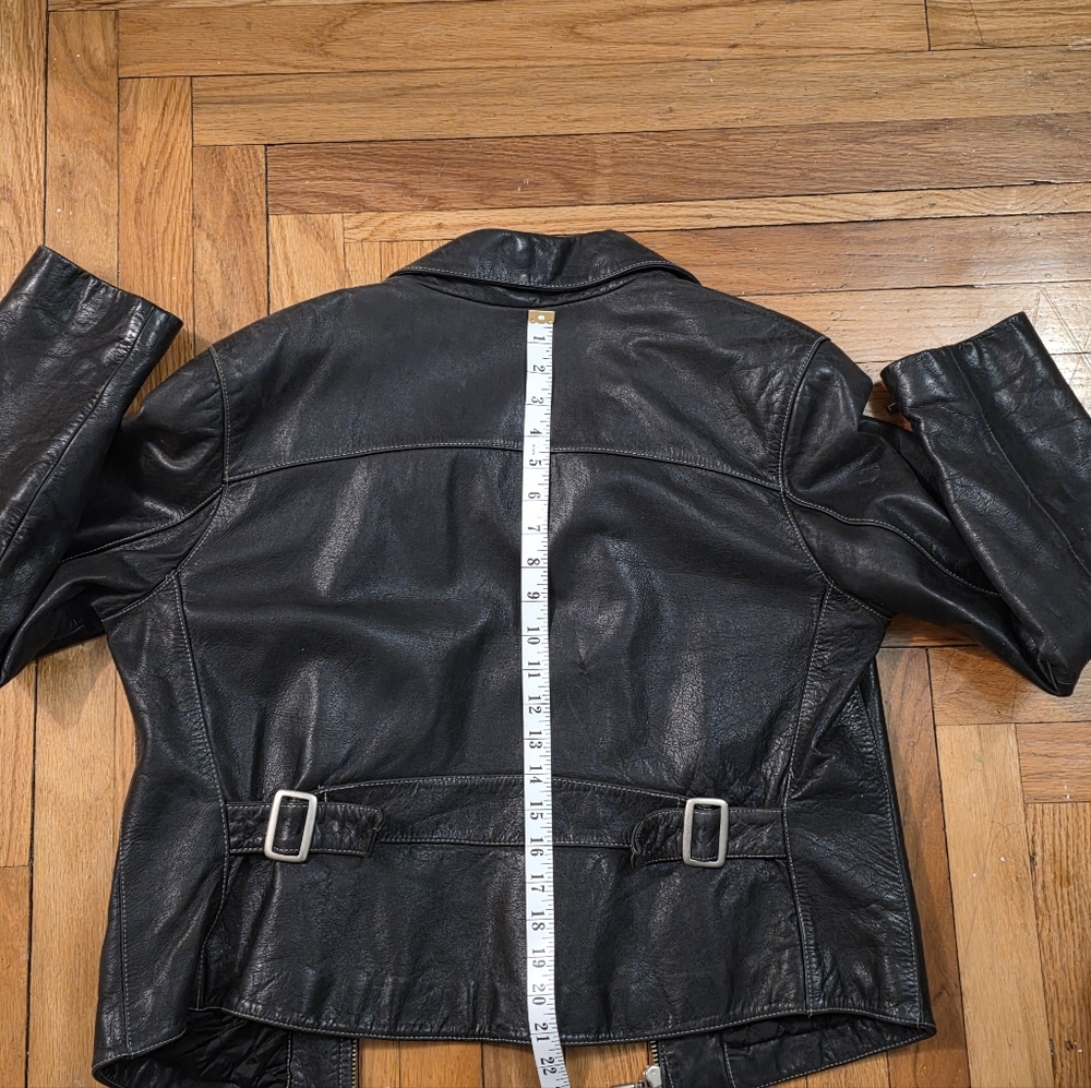 Vintage Black Leather Women's Moto Jacket-Y2K Classic Collar Metal Zips Grunge - Picture 12 of 14